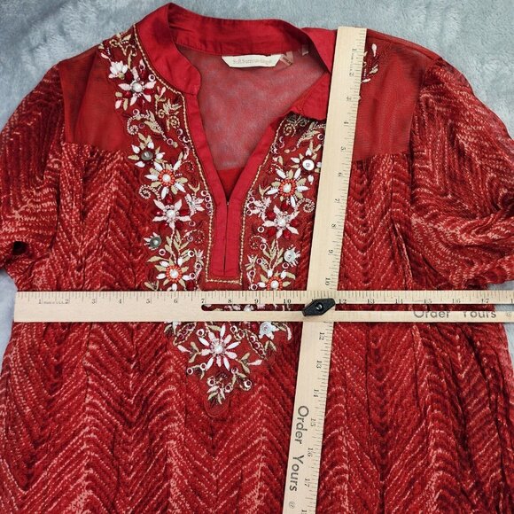 Soft Surroundings Tunic Top Women S Red Embellished Chiffon Beaded Boho Flowy - Picture 10 of 12